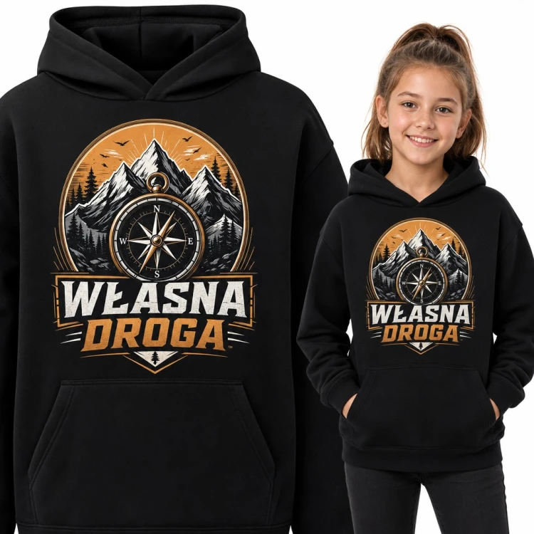 Bluza dziewczęca z kapturem - „Własna droga” z kompasem i górami