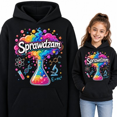 Bluza dziewczęca z kapturem - „Sprawdzam” z kolbą i kolorowym eksperymentem chemicznym