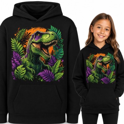 Bluza dziewczęca z kapturem - ryczący T-rex wśród fioletowych liści dżungli