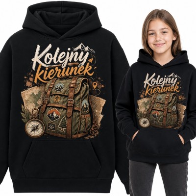 Bluza dziewczęca z kapturem - „Kolejny kierunek” z plecakiem turystycznym i kompasem