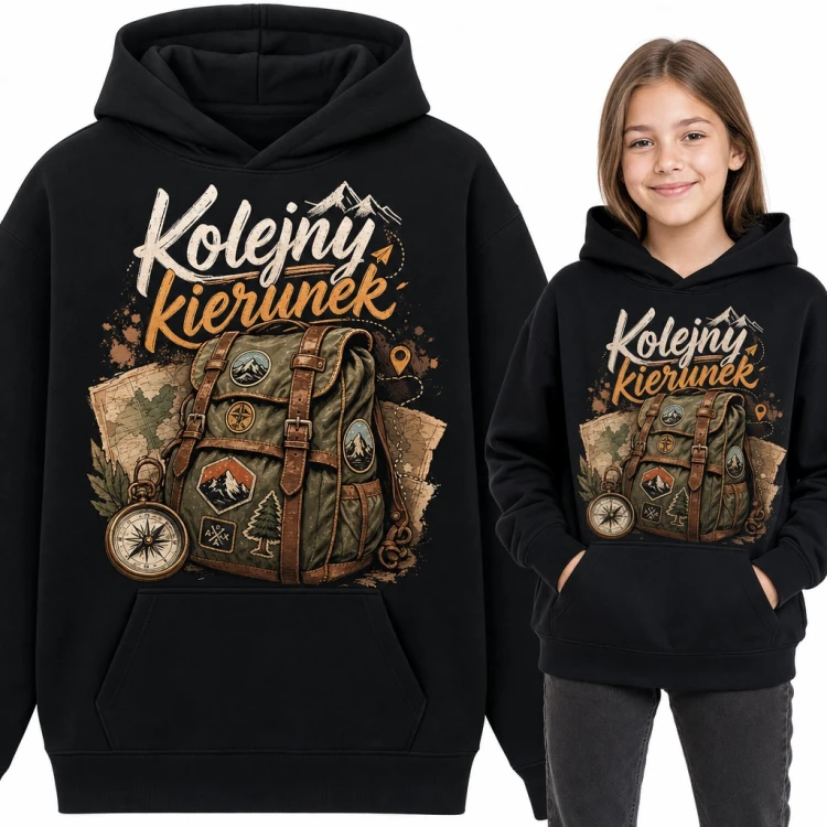 Bluza dziewczęca z kapturem - „Kolejny kierunek” z plecakiem turystycznym i kompasem