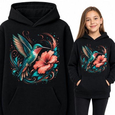 Bluza dziewczęca z kapturem - turkusowy koliber przy koralowym hibiskusie