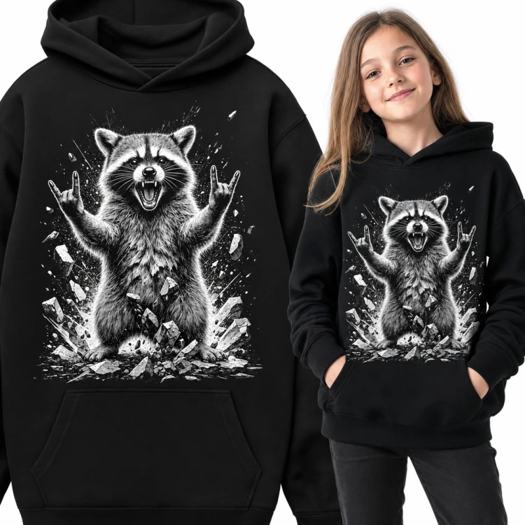 Bluza dziewczęca z kapturem - rockowy szop pracz z metalowymi rogami