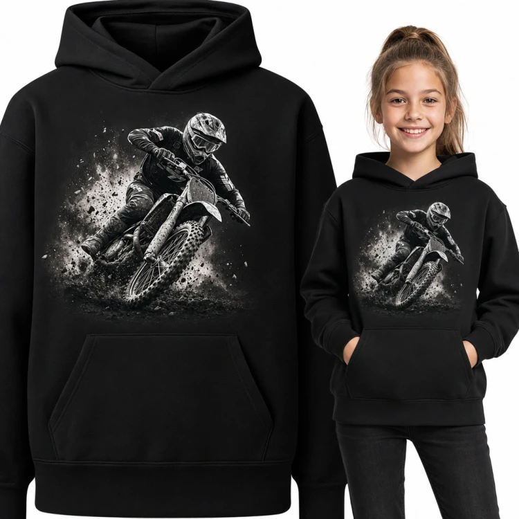 Bluza dziewczęca z kapturem - motocross, zawodnik na crossie w chmurze pyłu