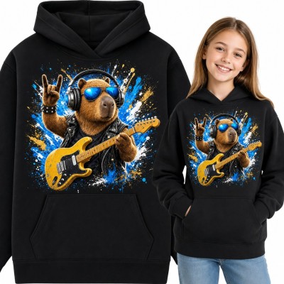 Bluza dziewczęca z kapturem - kapibara rockmanka z żółtą gitarą elektryczną