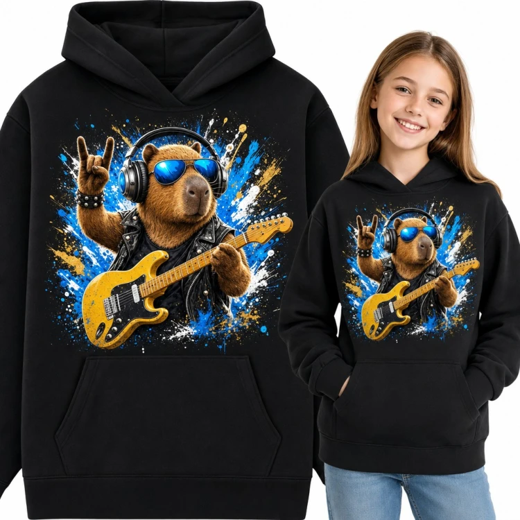 Bluza dziewczęca z kapturem - kapibara rockmanka z żółtą gitarą elektryczną
