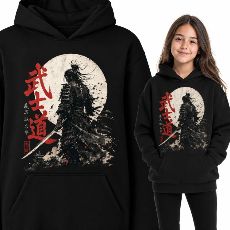 Bluza dziewczęca z kapturem - samuraj z kataną i napis „武士道” na tle księżyca