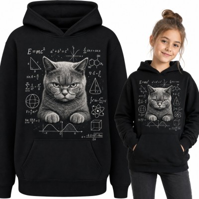 Bluza dziewczęca z kapturem - kot w okularach i wzory „E=mc²”