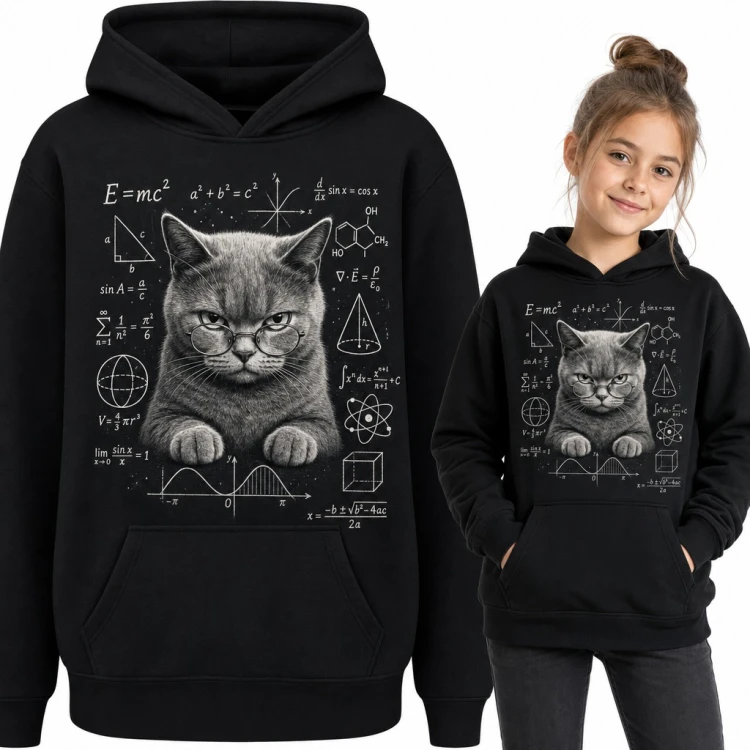Bluza dziewczęca z kapturem - kot w okularach i wzory „E=mc²”