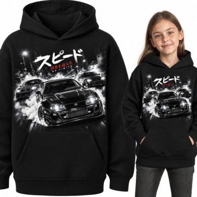 Bluza dziewczęca z kapturem - drift JDM nocą i japoński napis „No limits”