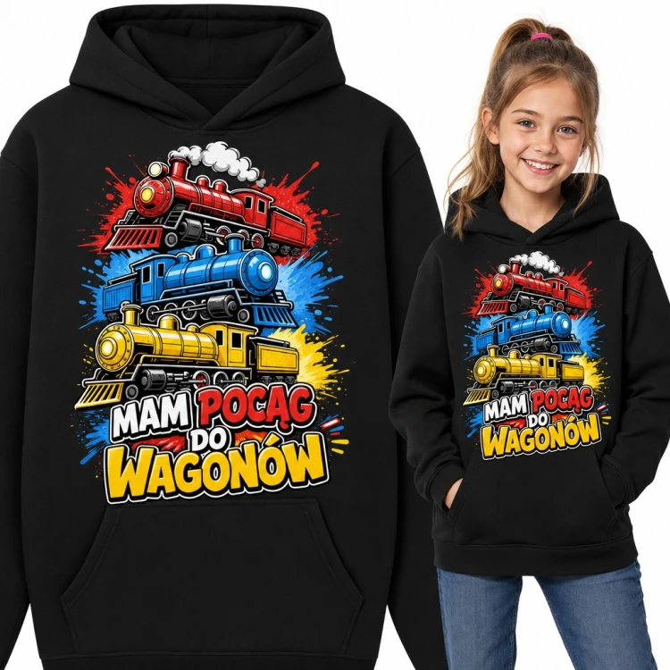 Bluza dziewczęca z kapturem - „Mam pocąg do wagonów” z trzema kolorowymi parowozami