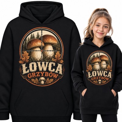 Bluza dziewczęca z kapturem „Łowca grzybów” - borowiki w celowniku dla małej grzybiarki