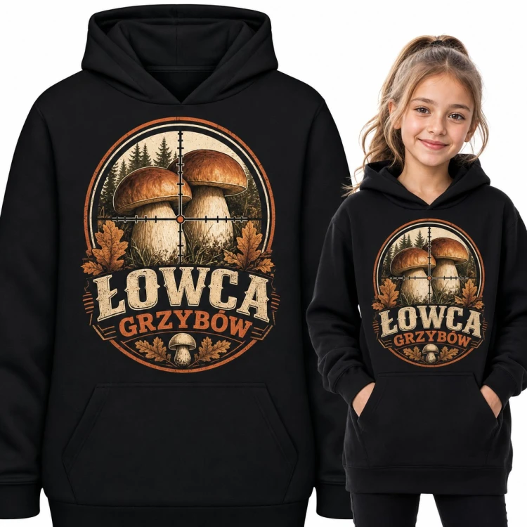 Bluza dziewczęca z kapturem „Łowca grzybów” - borowiki w celowniku dla małej grzybiarki