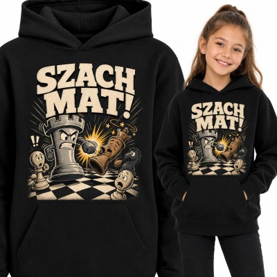 Bluza dziewczęca z kapturem - „Szach mat!” z wieżą nokautującą króla dla szachistki