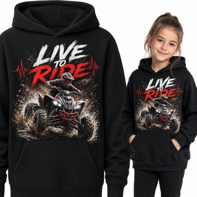 Bluza dziewczęca z kapturem - quad ATV w błocie i napis „Live to ride” dla fanki quadów