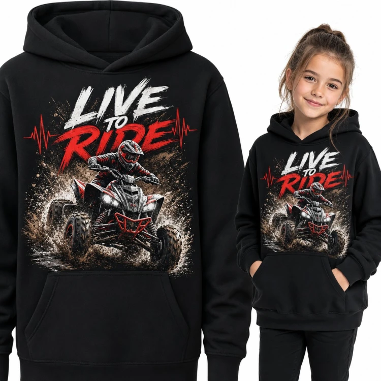 Bluza dziewczęca z kapturem - quad ATV w błocie i napis „Live to ride” dla fanki quadów