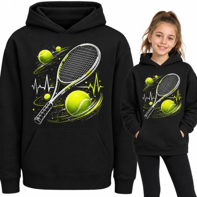 Bluza dziewczęca z kapturem - tenis, rakieta i neonowe piłki z linią pulsu