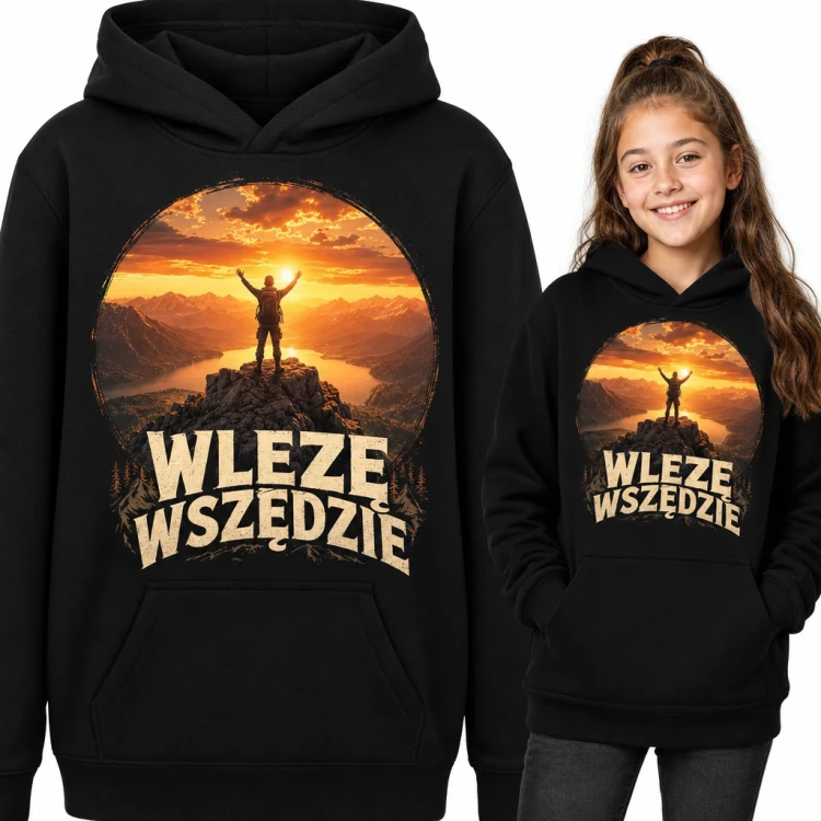 Bluza dziewczęca z kapturem - „Wlezę wszędzie” wspinaczka w górach o zachodzie słońca