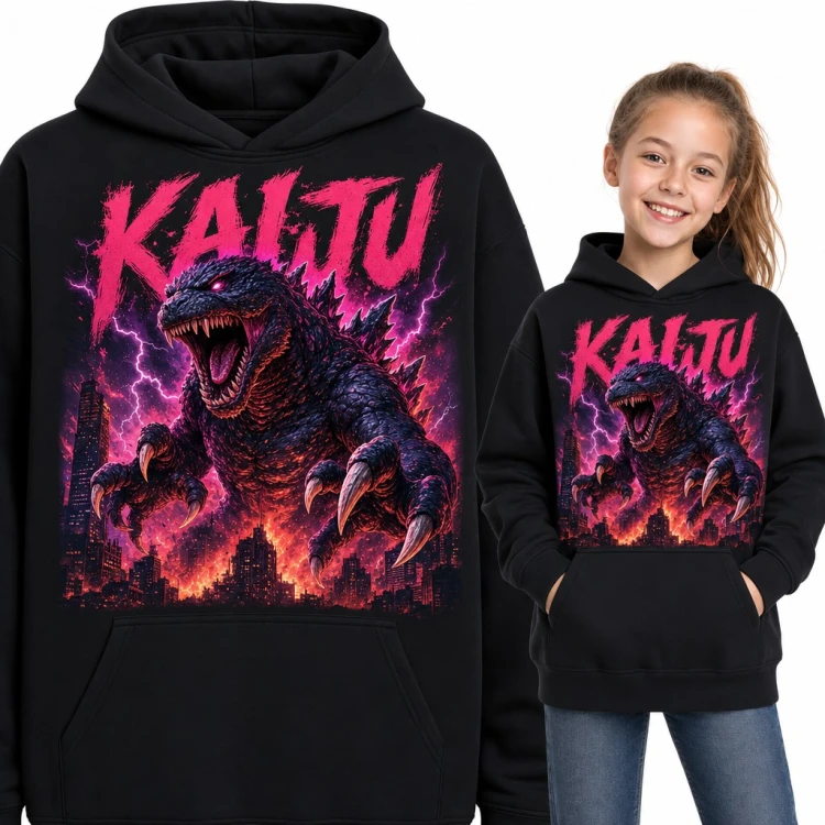 Bluza dziewczęca z kapturem - „Kaiju” Godzilla nad płonącym miastem