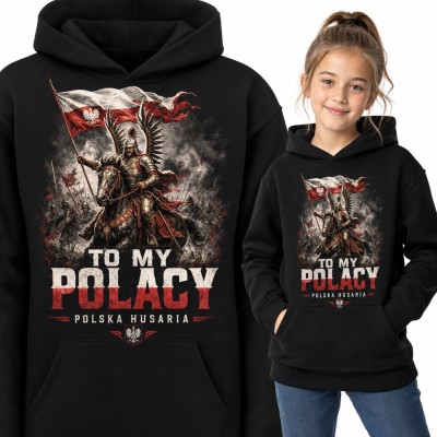 Bluza dziewczęca z kapturem - husarz z biało-czerwoną flagą „To my Polacy”