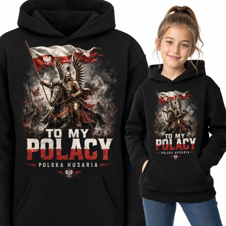 Bluza dziewczęca z kapturem - husarz z biało-czerwoną flagą „To my Polacy”