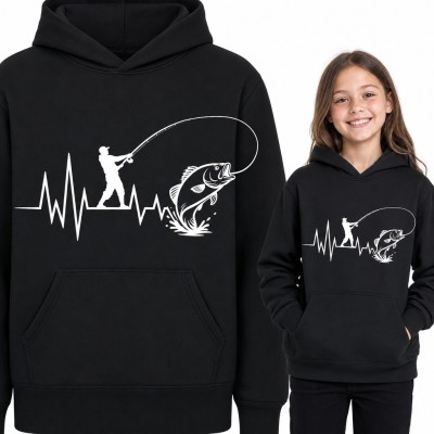Bluza dziewczęca z kapturem - wędkarz holujący rybę na linii pulsu