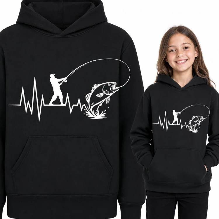 Bluza dziewczęca z kapturem - wędkarz holujący rybę na linii pulsu