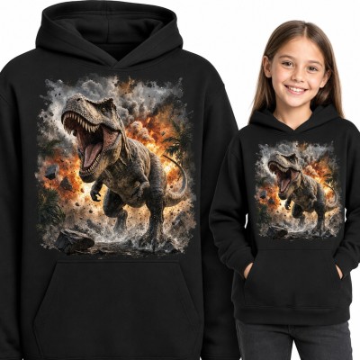 Bluza dziewczęca z kapturem - ryczący T-Rex wśród wybuchu w prehistorycznej dżungli