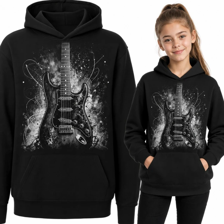 Bluza dziewczęca z kapturem - gitara elektryczna w czarno-białych rozpryskach dla gitarzystki