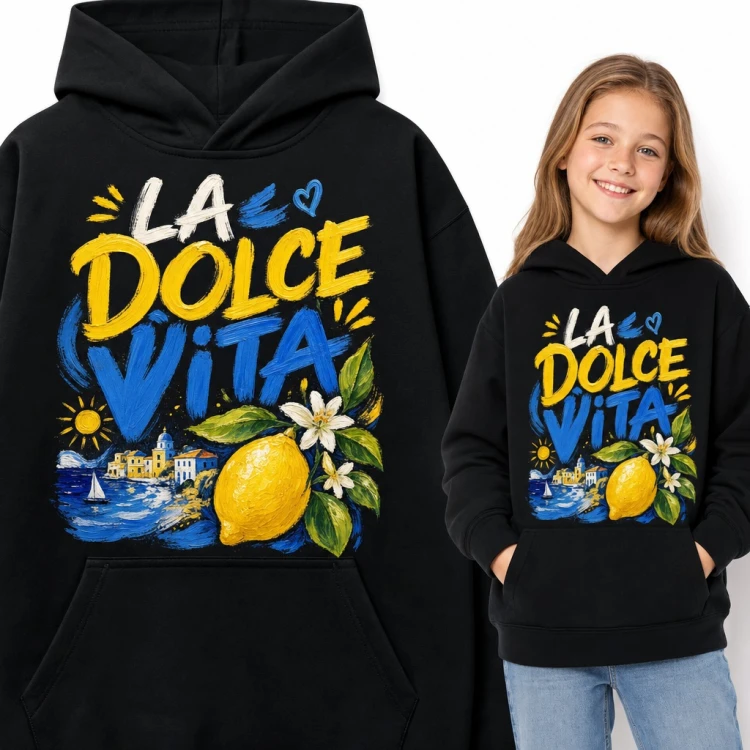 Bluza dziewczęca z kapturem - „La Dolce Vita” z cytryną i włoskim wybrzeżem