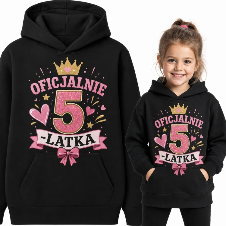 Bluza dziewczęca z kapturem na 5 urodziny - „Oficjalnie 5-latka” z koroną i kokardą