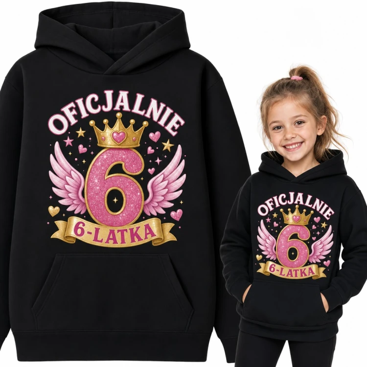 Bluza dziewczęca z kapturem na 6 urodziny - „Oficjalnie 6-latka” z koroną i skrzydłami