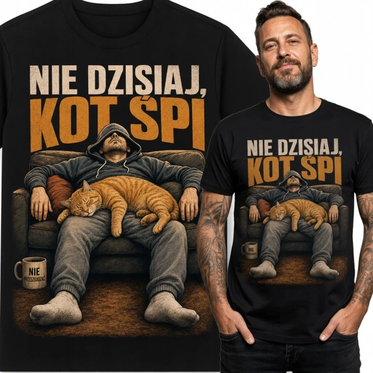 Koszulka męska z kotem „Nie dzisiaj, kot śpi” - zabawny nadruk
