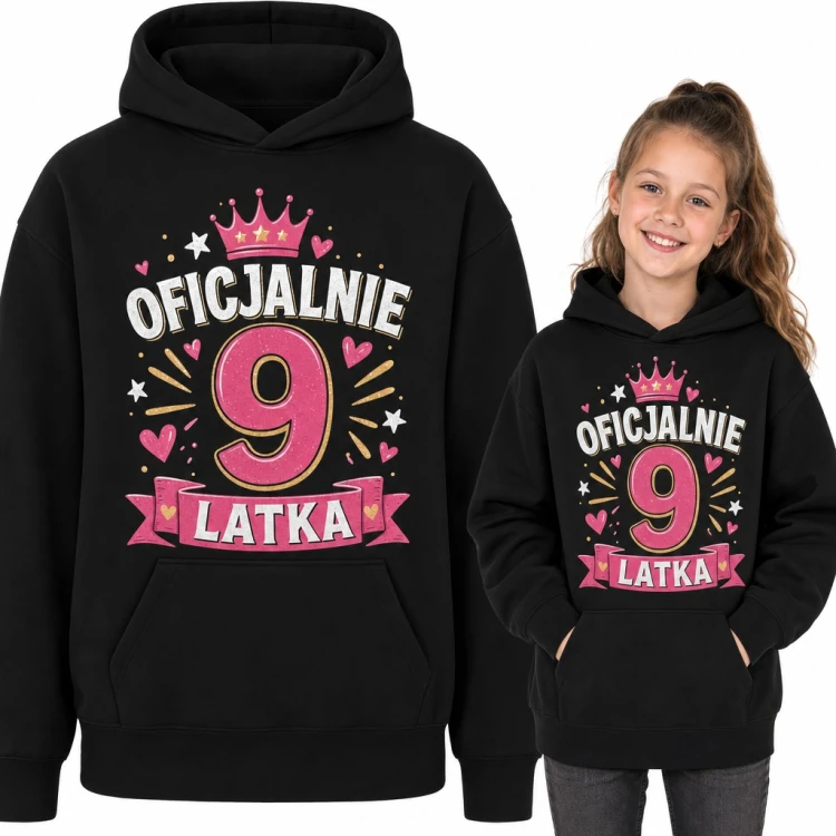 Bluza dziewczęca z kapturem na 9 urodziny - „Oficjalnie 9 latka” z różową koroną