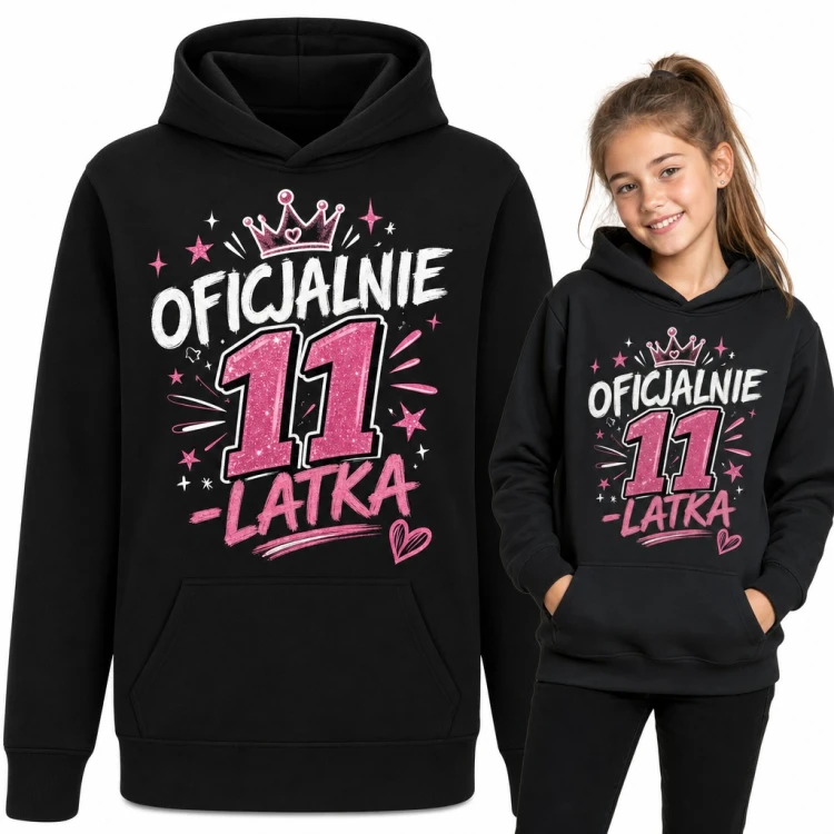 Bluza dziewczęca z kapturem „Oficjalnie 11-latka” na 11 urodziny z brokatową koroną