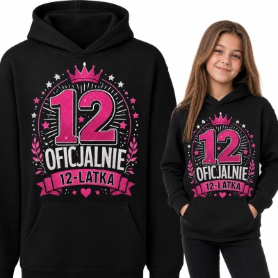Bluza dziewczęca z kapturem na 12 urodziny „Oficjalnie 12-latka” z różową koroną