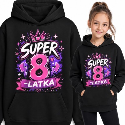 Bluza dziewczęca z kapturem na 8 urodziny - „Super 8-latka” z koroną w stylu graffiti