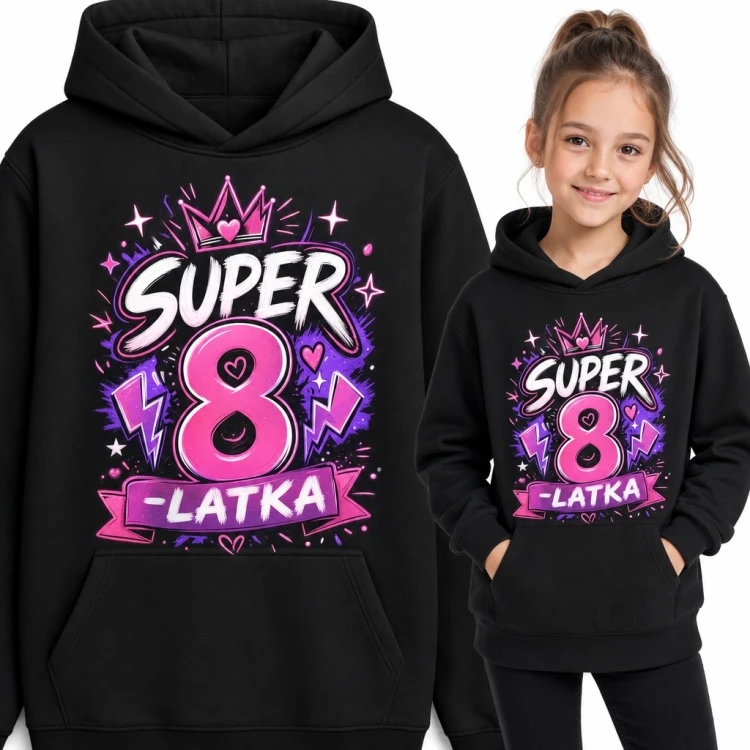 Bluza dziewczęca z kapturem na 8 urodziny - „Super 8-latka” z koroną w stylu graffiti