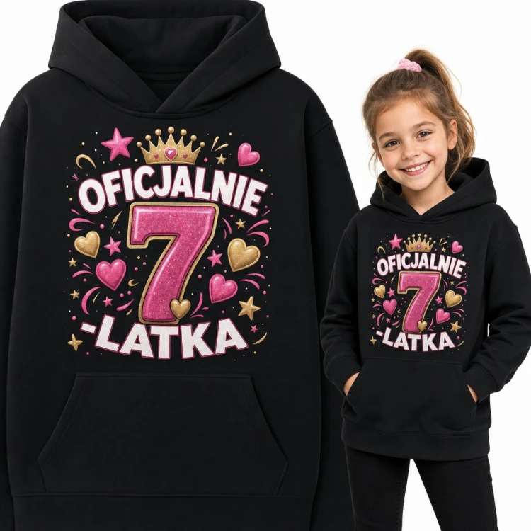Bluza dziewczęca z kapturem - „Oficjalnie 7-latka” na 7 urodziny z koroną i sercami
