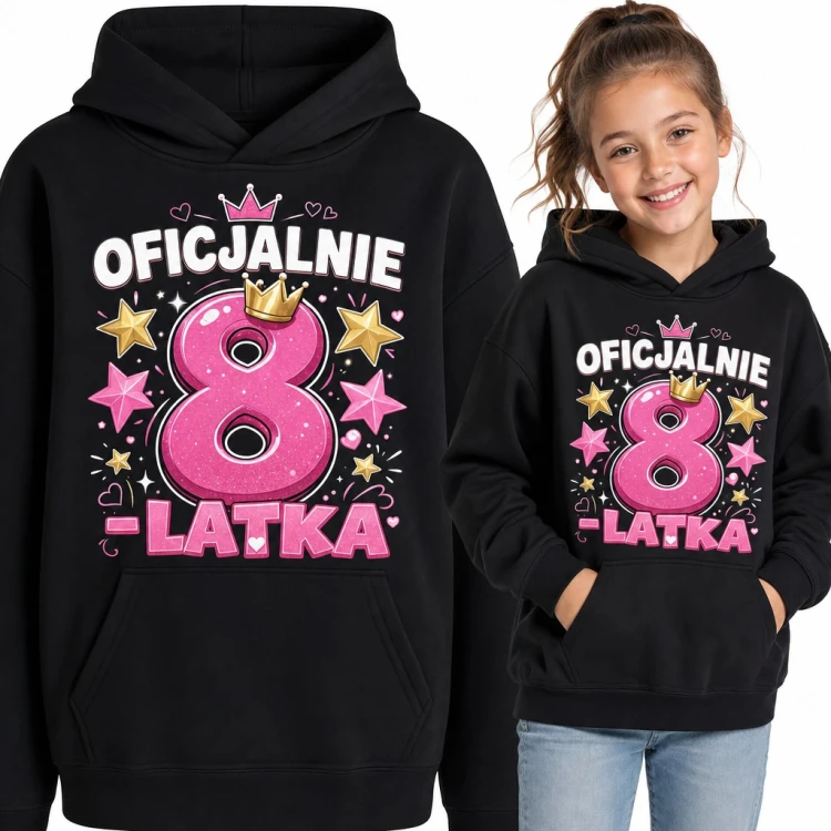 Bluza dziewczęca z kapturem na 8 urodziny - „Oficjalnie 8-latka” z ósemką w koronie