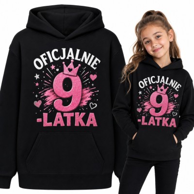 Bluza dziewczęca z kapturem „Oficjalnie 9-latka” - różowa korona na 9 urodziny