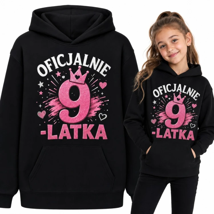 Bluza dziewczęca z kapturem „Oficjalnie 9-latka” - różowa korona na 9 urodziny