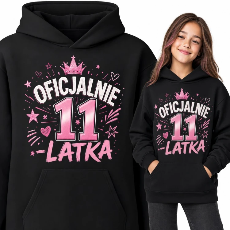 Bluza dziewczęca z kapturem „Oficjalnie 11-latka” - na 11 urodziny z różową koroną