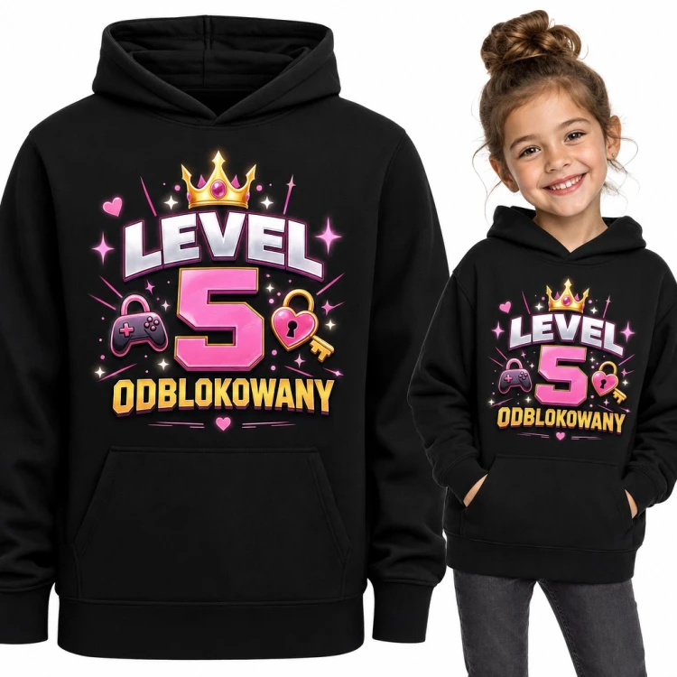 Bluza dziewczęca z kapturem na 5 urodziny - „Level 5 odblokowany” z koroną i padem