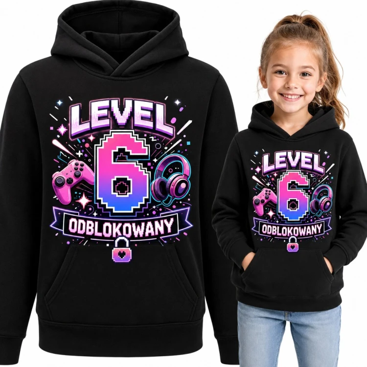 Bluza dziewczęca z kapturem na 6 urodziny „Level 6 odblokowany” - gamingowy pad i słuchawki