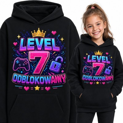 Bluza dziewczęca z kapturem na 7 urodziny - „Level 7 odblokowany” z padem i koroną