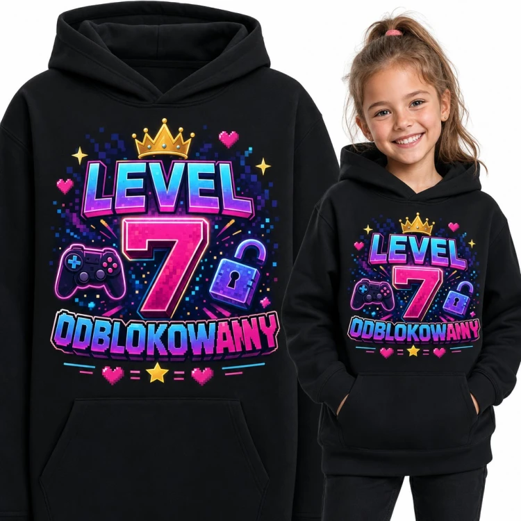 Bluza dziewczęca z kapturem na 7 urodziny - „Level 7 odblokowany” z padem i koroną