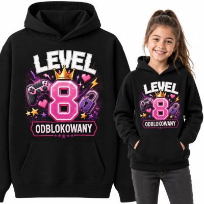 Bluza dziewczęca z kapturem na 8 urodziny - „Level 8 odblokowany” z padem i koroną