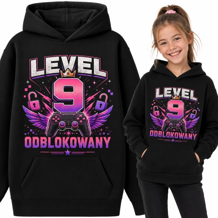 Bluza dziewczęca z kapturem „Level 9 odblokowany” - na 9 urodziny dla gamerki