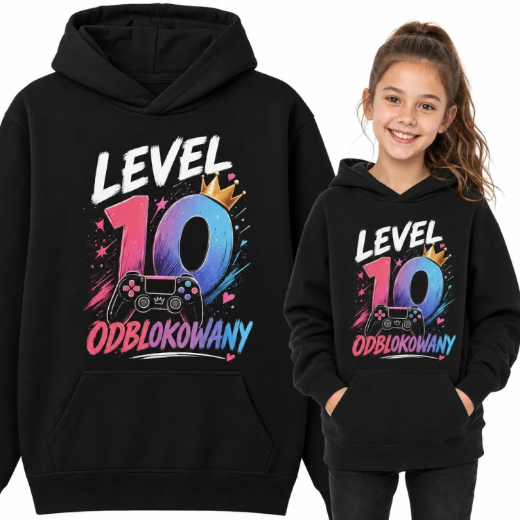 Bluza dziewczęca z kapturem na 10 urodziny - „Level 10 odblokowany” z padem i koroną